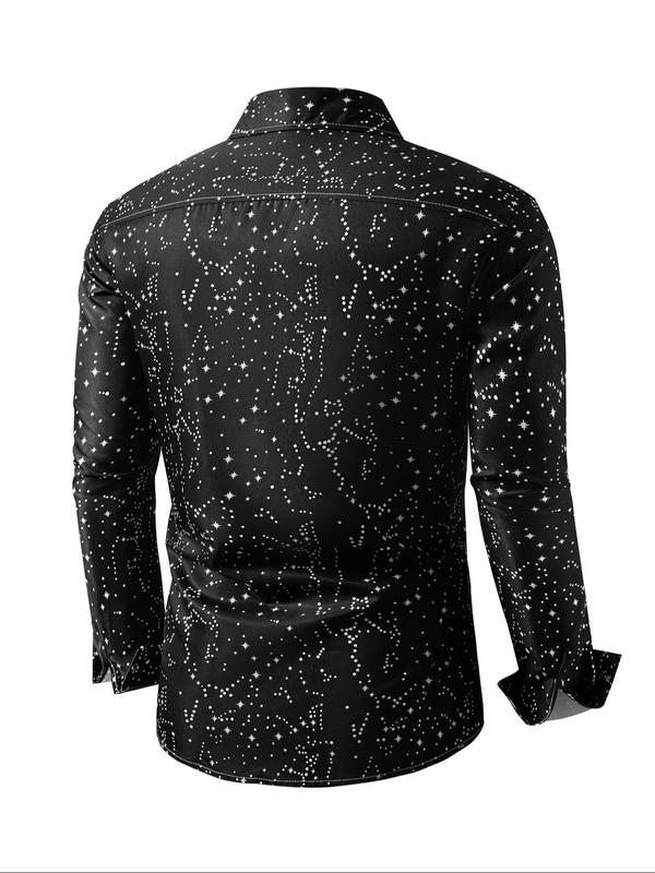 Men's Random Star Print Button Front Shirt, Casual Long Sleeve Collared Top for Fall & Winter, Men's Clothes for Daily Wear