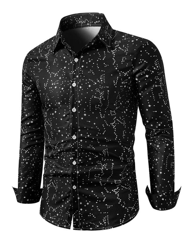 Men's Random Star Print Button Front Shirt, Casual Long Sleeve Collared Top for Fall & Winter, Men's Clothes for Daily Wear