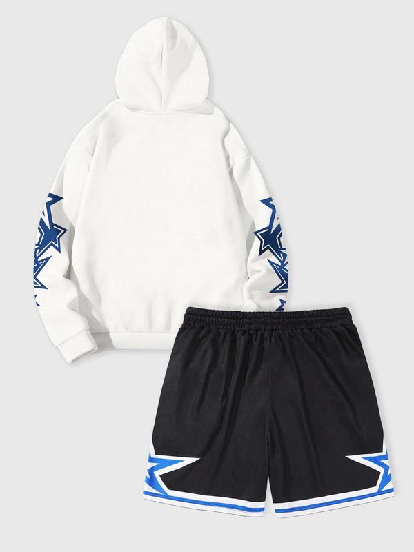 Two-piece Set Men's Star Print Drop Shoulder Hoodie & Drawstring Waist Shorts Set, Regular Fit Casual Fashion Cozy Breathable Outfits for Daily Outdoor Wear, Men Clothes, Fall Clothes 2024