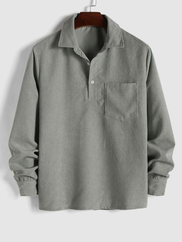 Men's Plain Pocket Button Half Placket Corduroy Shirt for Spring, Shirts for Men, Regular Fit Streetwear Long Sleeve Collared Top for Fall Winter, Fall Clothes, Men Clothes, Fall Outfits, Fallfreshness