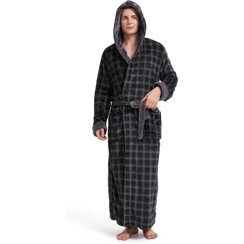 Mens Plush Plaid Hooded Robe, Full Length Fleece Big and Tall Bathrobe with Hood