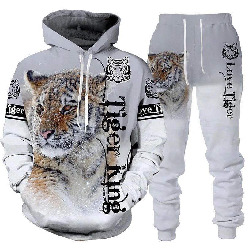 New Animal 3D Tiger Printed Hoodie + Pants Suit Cool Men Women 2 Pcs Sportwear Tracksuit Set Autumn And Winter Men's Clothing