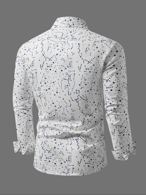 Men's Random Star Print Button Front Shirt, Casual Long Sleeve Collared Top for Fall & Winter, Men's Clothes for Daily Wear