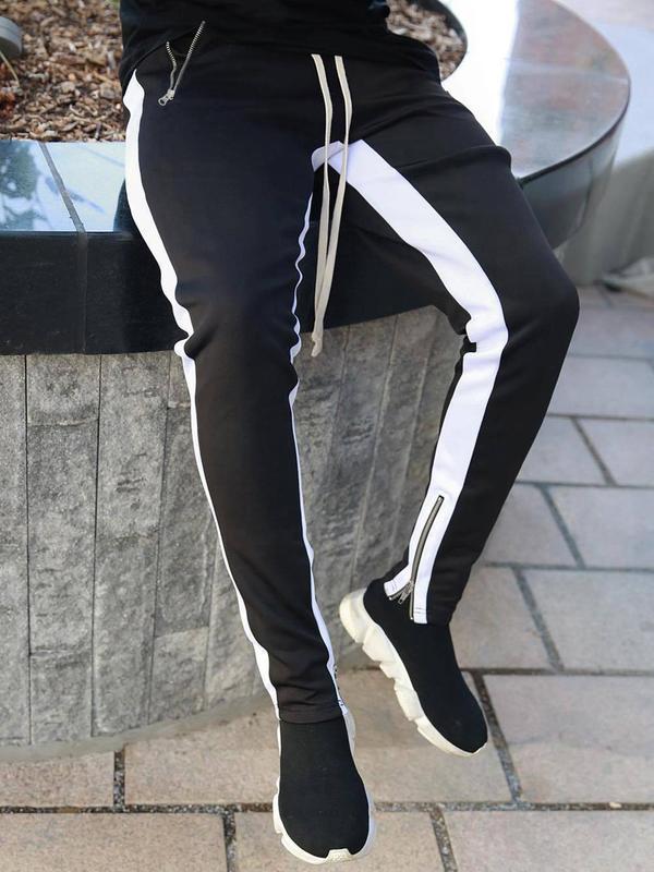 Men's Colorblock Zipper Pocket Sweatpants, Street Fashion Casual Drawstring Elastic Waist Trousers for Daily Wear, Men's Bottoms for Spring & Fall