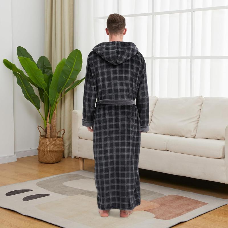 Mens Plush Plaid Hooded Robe, Full Length Fleece Big and Tall Bathrobe with Hood