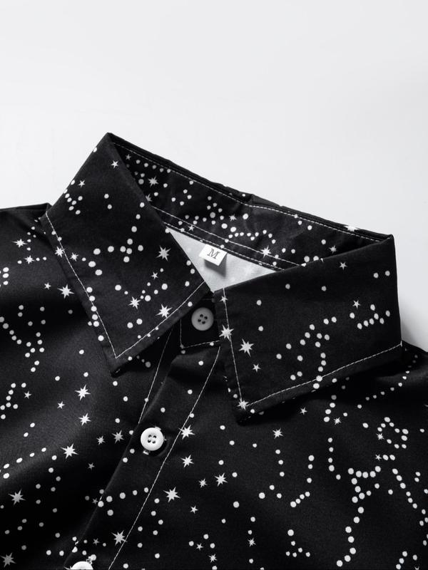 Men's Random Star Print Button Front Shirt, Casual Long Sleeve Collared Top for Fall & Winter, Men's Clothes for Daily Wear