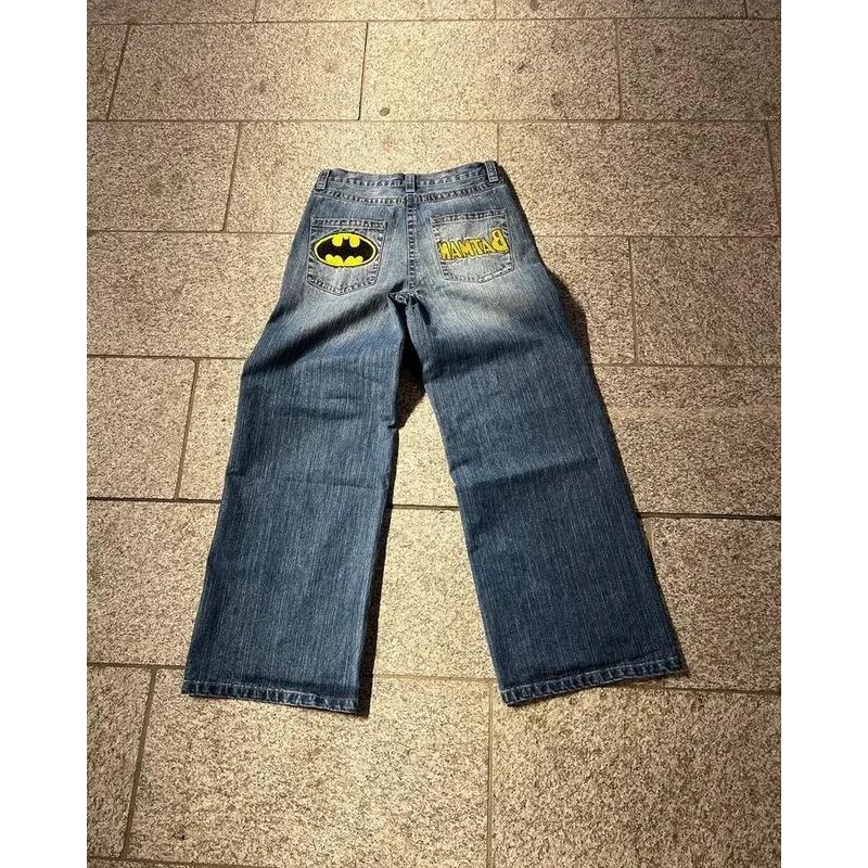 Vintage Blue Baggy Jeans Mens High Hip Hop Streetwear Jeans Y2K Pants Harajuku Gothic Punk Embroidered Waist Wide Leg Trousers