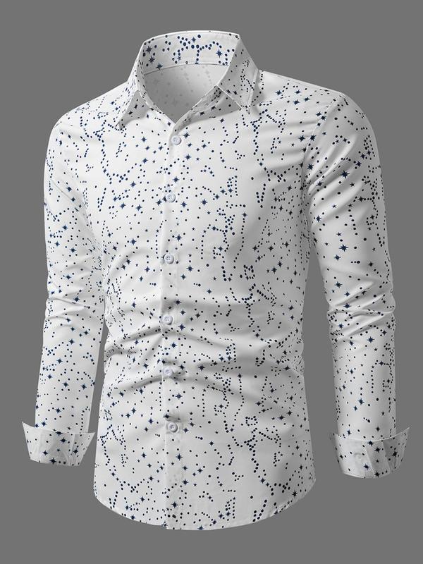 Men's Random Star Print Button Front Shirt, Casual Long Sleeve Collared Top for Fall & Winter, Men's Clothes for Daily Wear