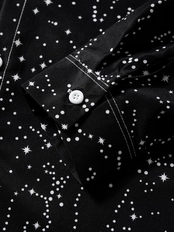 Men's Random Star Print Button Front Shirt, Casual Long Sleeve Collared Top for Fall & Winter, Men's Clothes for Daily Wear