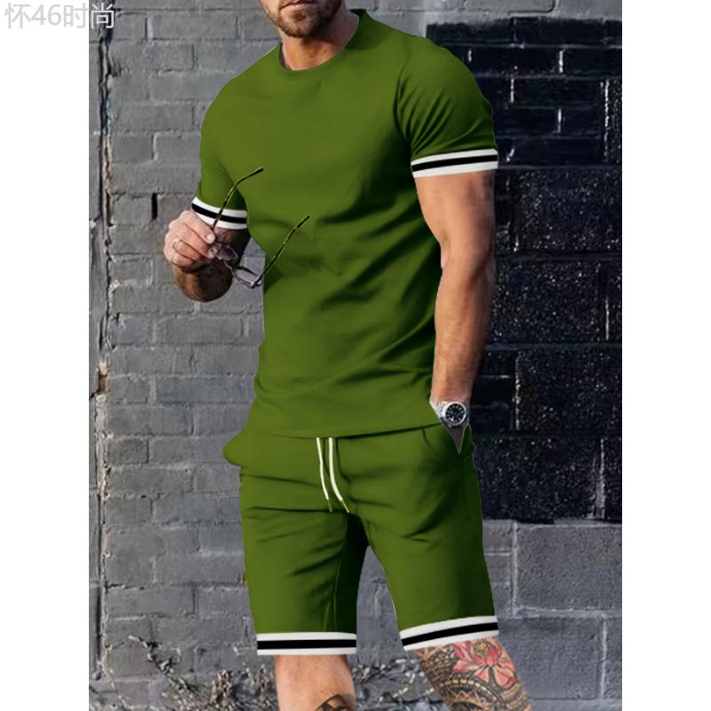 Men's 2-Piece Summer Set - Breathable Striped T-Shirt & Casual Shorts with Pockets for Daily Wear Clothing Fabric