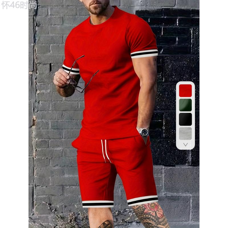 Men's 2-Piece Summer Set - Breathable Striped T-Shirt & Casual Shorts with Pockets for Daily Wear Clothing Fabric