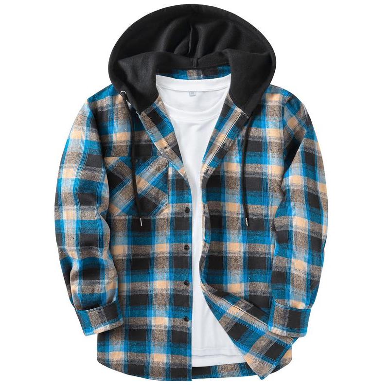 Men's Plaid Print Button Front Drawstring Hooded Shirt, Regular Fit Casual Pocket Jackets, Long Sleeve Outerwear for Fall, Men's Clothes for Daily Wear