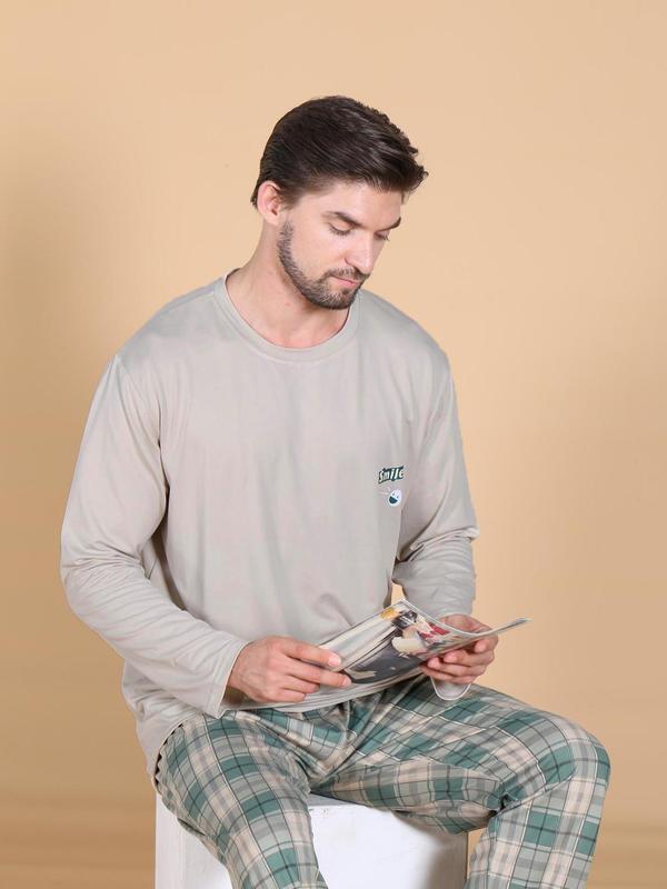 Men's Solid Long Sleeve Tee & Plaid Print Pants Loungewear Two-Piece Set, Casual Comfy Round Neck Top & Trousers PJ Set, Men's Sleepwear for Spring & Fall