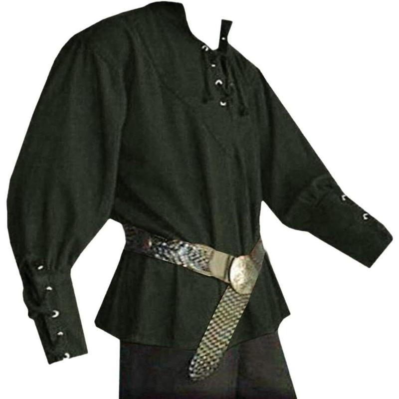 Mens Medieval Lace Up Pirate Mercenary Scottish Wide Cuff Shirt Costume Renaissance Viking Top