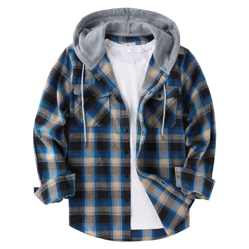 Men's Plaid Print Button Front Drawstring Hooded Shirt, Regular Fit Casual Pocket Jackets, Long Sleeve Outerwear for Fall, Men's Clothes for Daily Wear