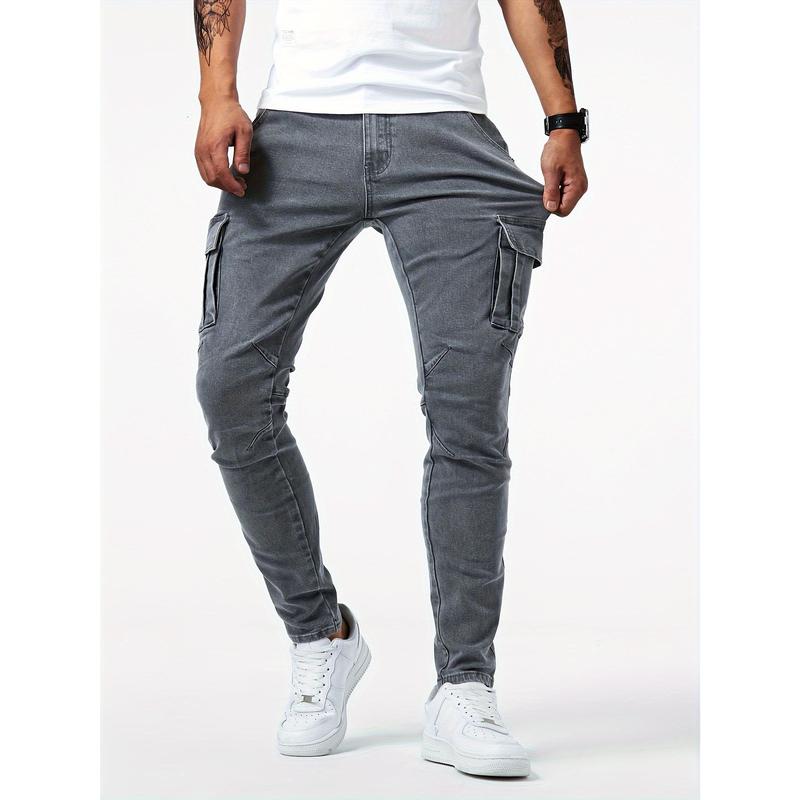 Slim Fit Multi-Pocket Jeans, Men's Casual Street Style High Stretch Denim Pants For All Seasons Outdoor