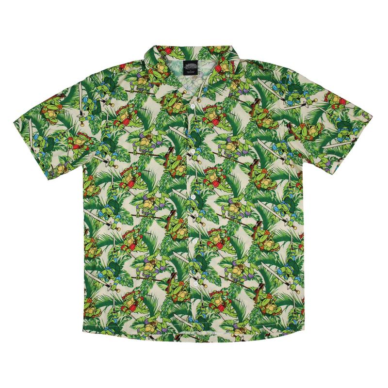 Teenage Mutant Ninja Turtles Men's Hawaiian Foliage Character Design Button-Up Woven Shirt