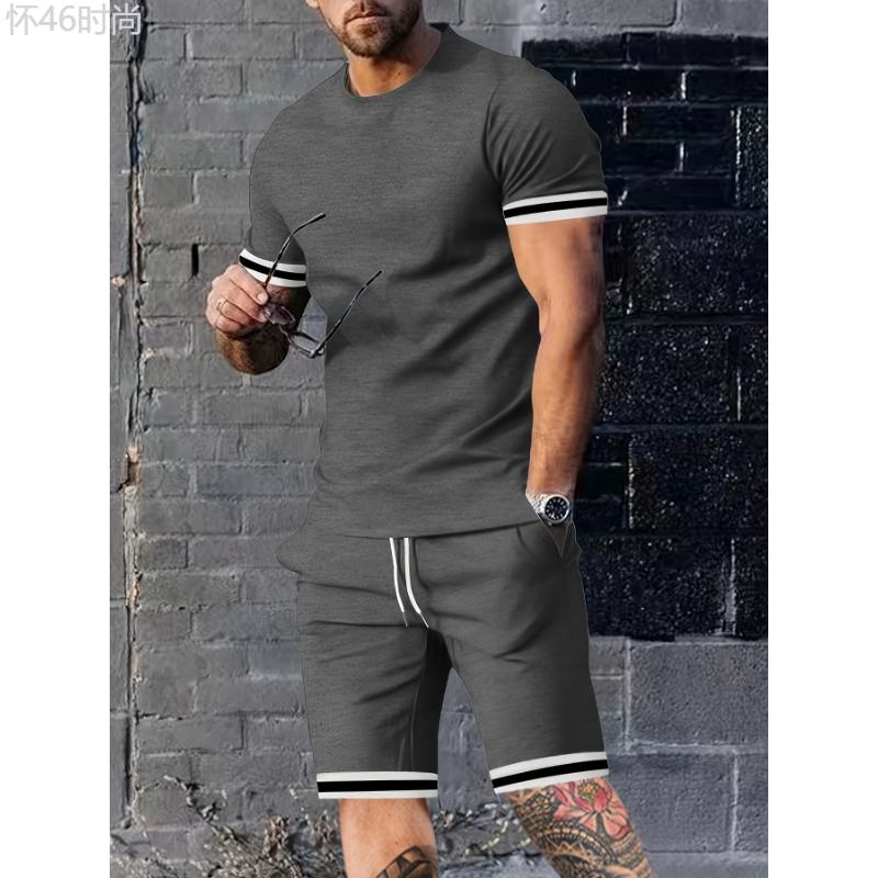 Men's 2-Piece Summer Set - Breathable Striped T-Shirt & Casual Shorts with Pockets for Daily Wear Clothing Fabric