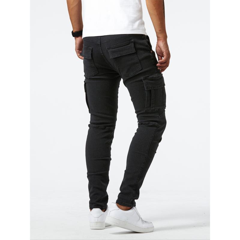 Slim Fit Multi-Pocket Jeans, Men's Casual Street Style High Stretch Denim Pants For All Seasons Outdoor