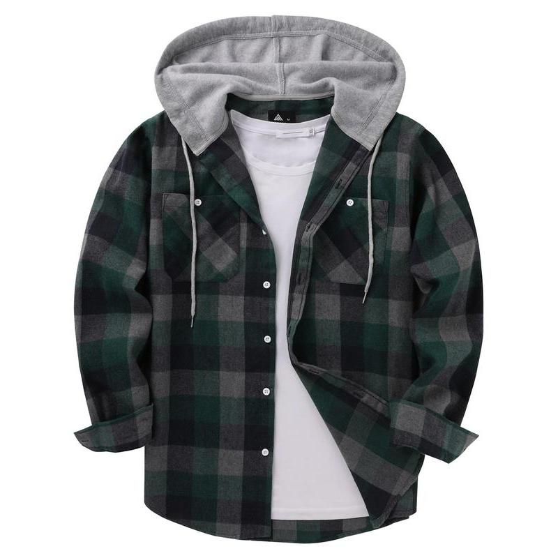 Men's Plaid Print Button Front Drawstring Hooded Shirt, Regular Fit Casual Pocket Jackets, Long Sleeve Outerwear for Fall, Men's Clothes for Daily Wear