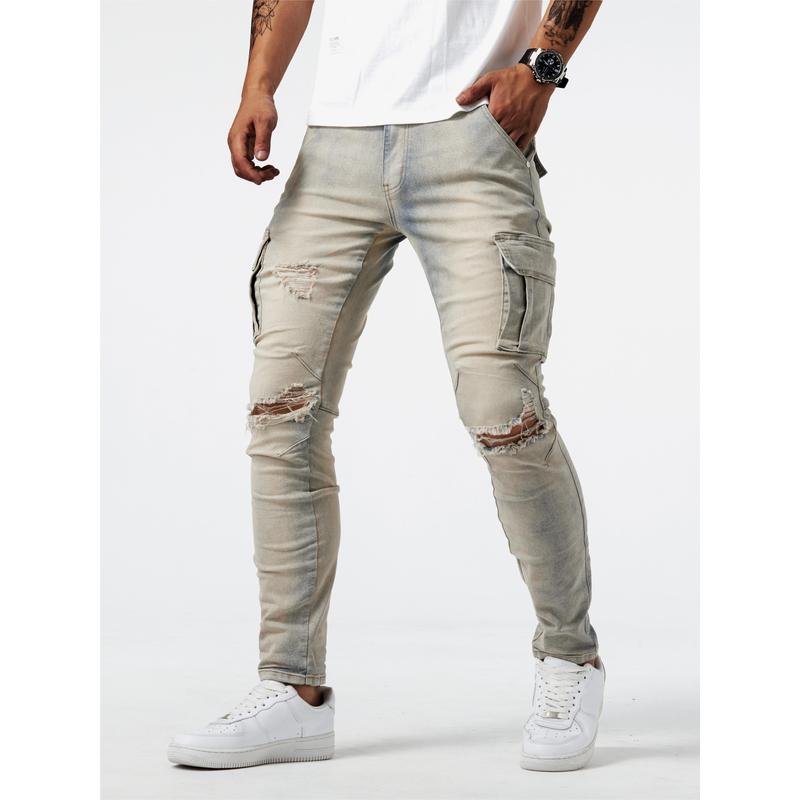 Slim Fit Multi-Pocket Jeans, Men's Casual Street Style High Stretch Denim Pants For All Seasons Outdoor