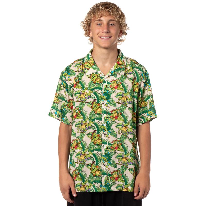 Teenage Mutant Ninja Turtles Men's Hawaiian Foliage Character Design Button-Up Woven Shirt