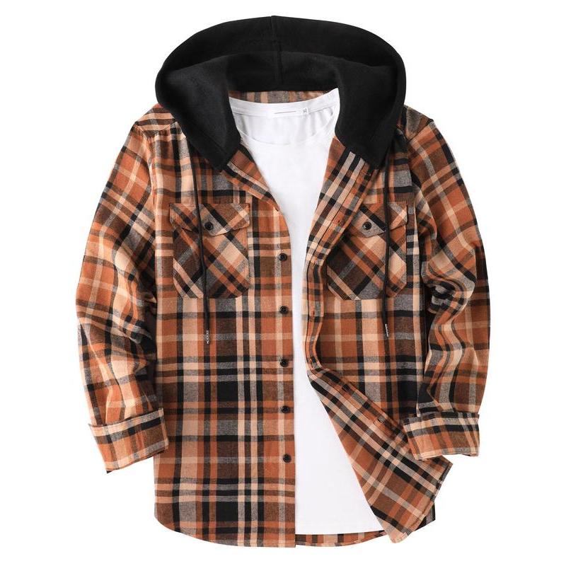 Men's Plaid Print Button Front Drawstring Hooded Shirt, Regular Fit Casual Pocket Jackets, Long Sleeve Outerwear for Fall, Men's Clothes for Daily Wear