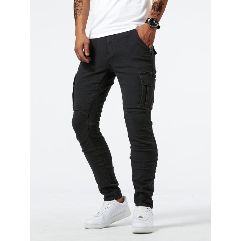 Slim Fit Multi-Pocket Jeans, Men's Casual Street Style High Stretch Denim Pants For All Seasons Outdoor