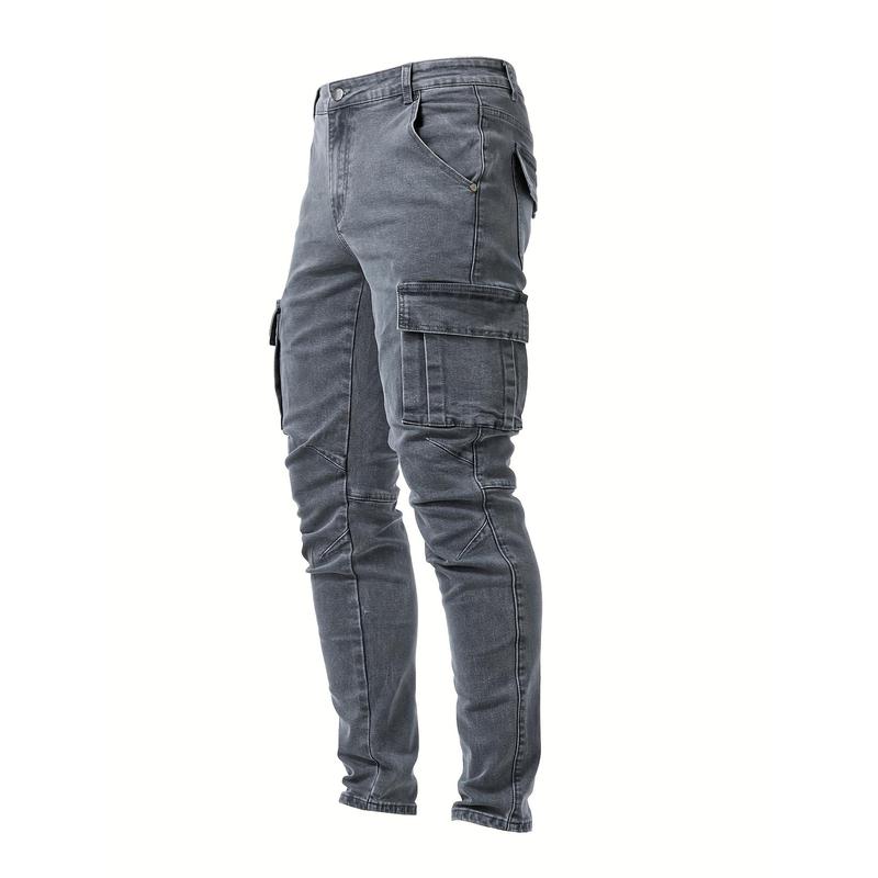 Slim Fit Multi-Pocket Jeans, Men's Casual Street Style High Stretch Denim Pants For All Seasons Outdoor