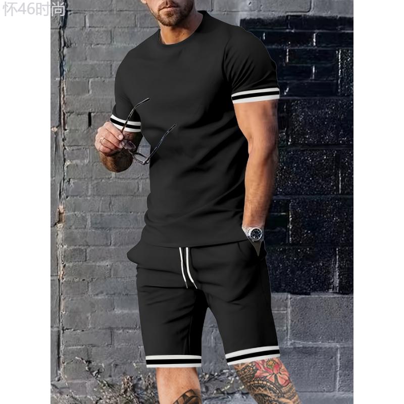 Men's 2-Piece Summer Set - Breathable Striped T-Shirt & Casual Shorts with Pockets for Daily Wear Clothing Fabric