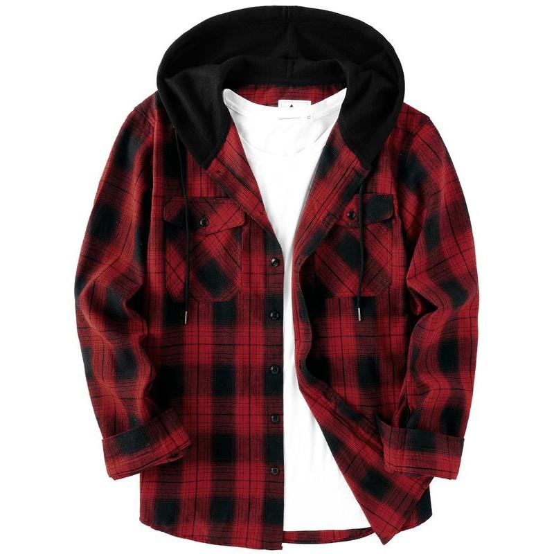 Men's Plaid Print Button Front Drawstring Hooded Shirt, Regular Fit Casual Pocket Jackets, Long Sleeve Outerwear for Fall, Men's Clothes for Daily Wear