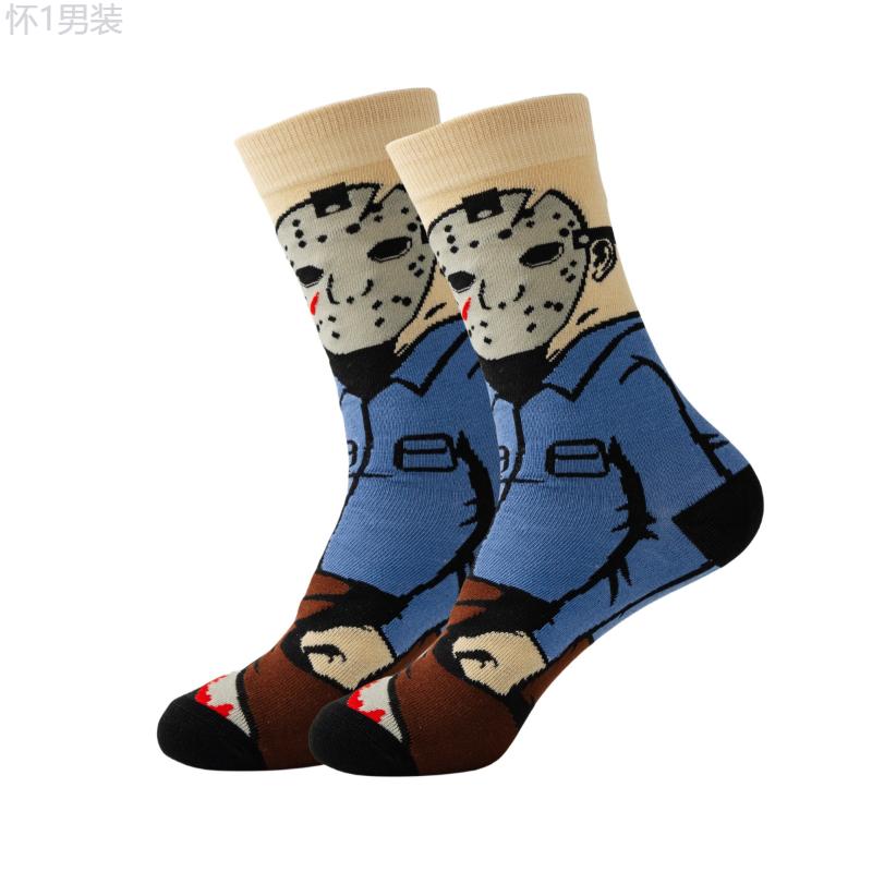 23pcs Cartoon Pattern Crew Socks - Breathable & Comfortable, Casual Streetwear Style, Polyester-Spandex Blend, Perfect for All Seasons, Fashion Socks for Men & Women, for Autumn, Spring Fabric Menswear Bowling Tropical