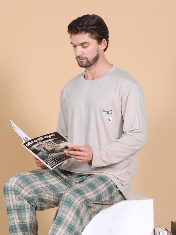 Men's Solid Long Sleeve Tee & Plaid Print Pants Loungewear Two-Piece Set, Casual Comfy Round Neck Top & Trousers PJ Set, Men's Sleepwear for Spring & Fall