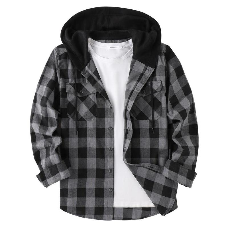 Men's Plaid Print Button Front Drawstring Hooded Shirt, Regular Fit Casual Pocket Jackets, Long Sleeve Outerwear for Fall, Men's Clothes for Daily Wear