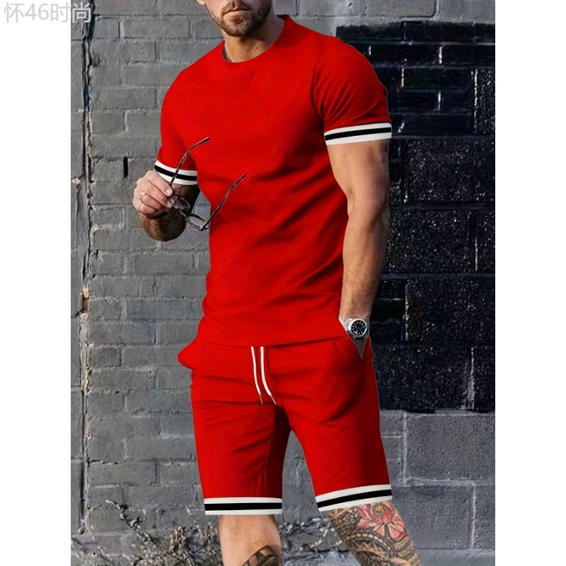 Men's 2-Piece Summer Set - Breathable Striped T-Shirt & Casual Shorts with Pockets for Daily Wear Clothing Fabric