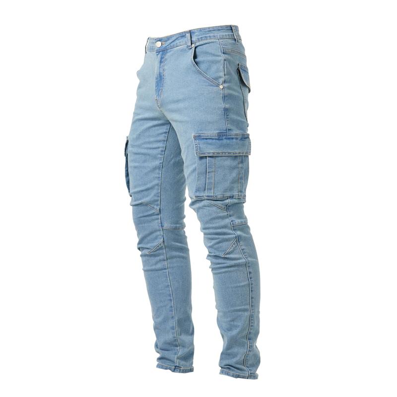 Slim Fit Multi-Pocket Jeans, Men's Casual Street Style High Stretch Denim Pants For All Seasons Outdoor