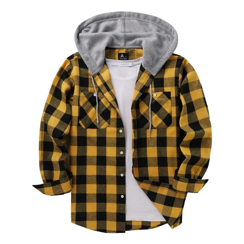 Men's Plaid Print Button Front Drawstring Hooded Shirt, Regular Fit Casual Pocket Jackets, Long Sleeve Outerwear for Fall, Men's Clothes for Daily Wear