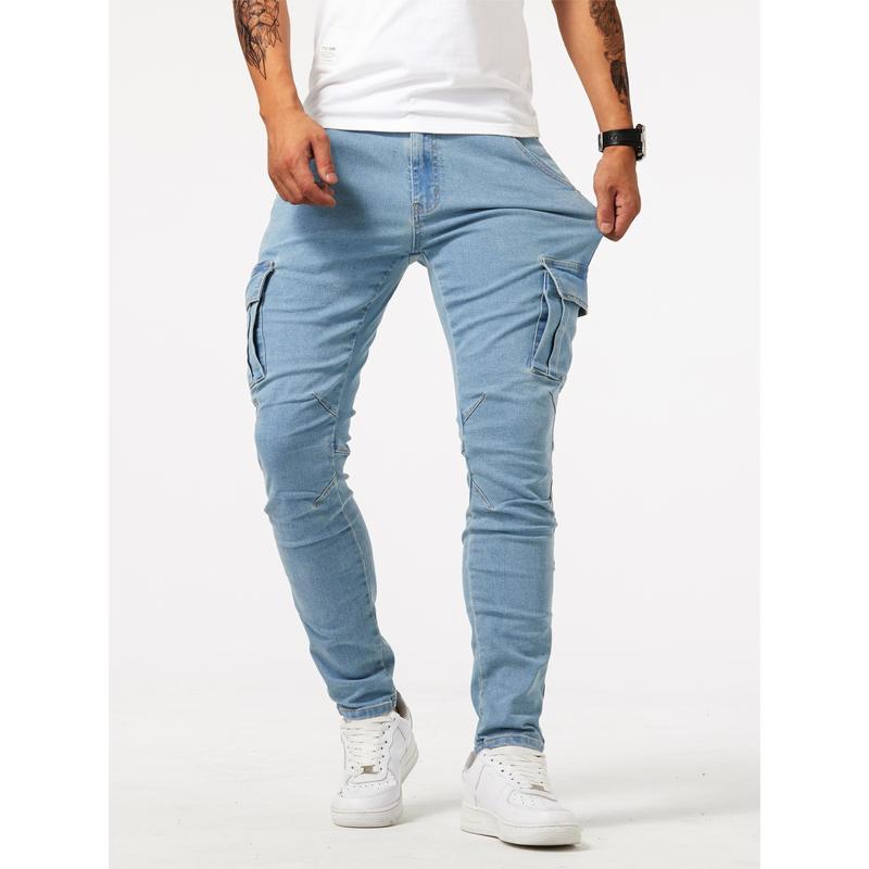 Slim Fit Multi-Pocket Jeans, Men's Casual Street Style High Stretch Denim Pants For All Seasons Outdoor