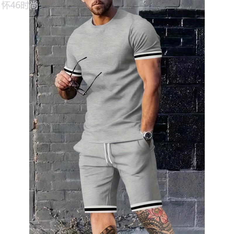 Men's 2-Piece Summer Set - Breathable Striped T-Shirt & Casual Shorts with Pockets for Daily Wear Clothing Fabric