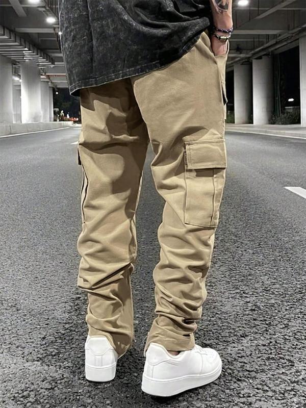 Men's Solid Flap Pocket Drawstring Cargo Pants, Loose Casual Street Straight Leg Trousers for Daily Wear, Men's Bottoms for All Seasons