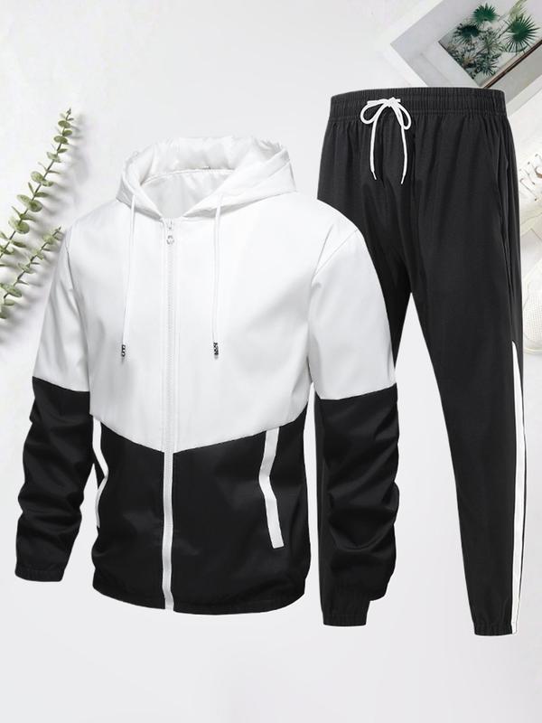 Men's Colorblock Zip Up Hoodie & Drawstring Waist Sweatpants Sportswear Two-Piece Set, Regular Fit Sporty Long Sleeve Hooded Sweatshirt & Pocket Jogger Trousers, Men's Spring & Fall Clothes