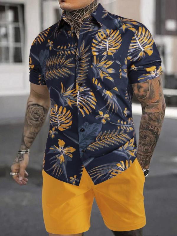 Men's Tropical Print Shirt & Drawstring Waist Shorts Set, Regular Fit Palm Tree Print Button Front Shirt & High Waist Shorts, Hawaiian Men's Two-Piece Outfits for Summer Beach Vacation