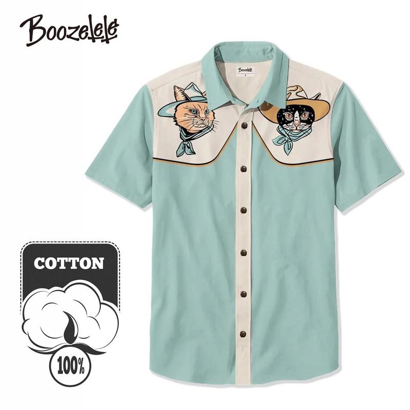 Unisex Vintage Classic Western Cowcat Cute Cat Cowboy Print Short Sleeve Shirt Collar Cotton Tropical