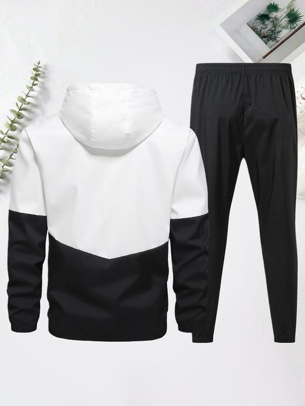 Men's Colorblock Zip Up Hoodie & Drawstring Waist Sweatpants Sportswear Two-Piece Set, Regular Fit Sporty Long Sleeve Hooded Sweatshirt & Pocket Jogger Trousers, Men's Spring & Fall Clothes