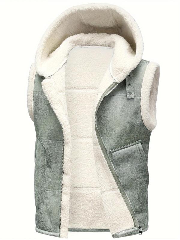 Men's Patchwork Print Zip Up Hooded Vest Coat, Regular Fit Casual Thermal Lined Pocket Design Sleeveless Outerwear for Winter, Men's Clothes for Daily Wear