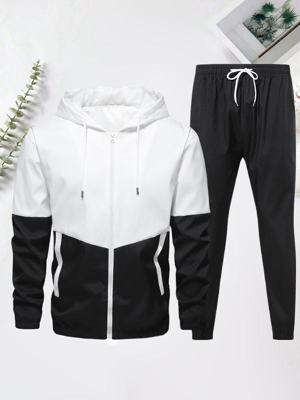 Men's Colorblock Zip Up Hoodie & Drawstring Waist Sweatpants Sportswear Two-Piece Set, Regular Fit Sporty Long Sleeve Hooded Sweatshirt & Pocket Jogger Trousers, Men's Spring & Fall Clothes