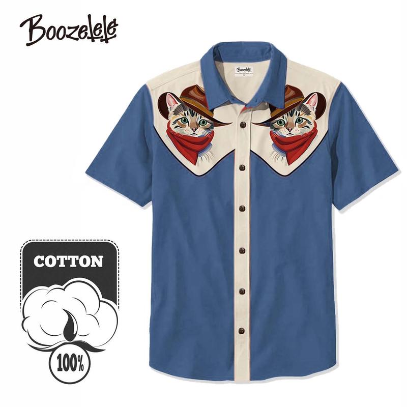 Unisex Vintage Classic Western Cowcat Cute Cat Cowboy Print Short Sleeve Shirt Collar Cotton