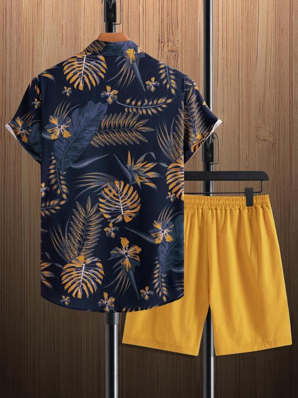 Men's Tropical Print Shirt & Drawstring Waist Shorts Set, Regular Fit Palm Tree Print Button Front Shirt & High Waist Shorts, Hawaiian Men's Two-Piece Outfits for Summer Beach Vacation