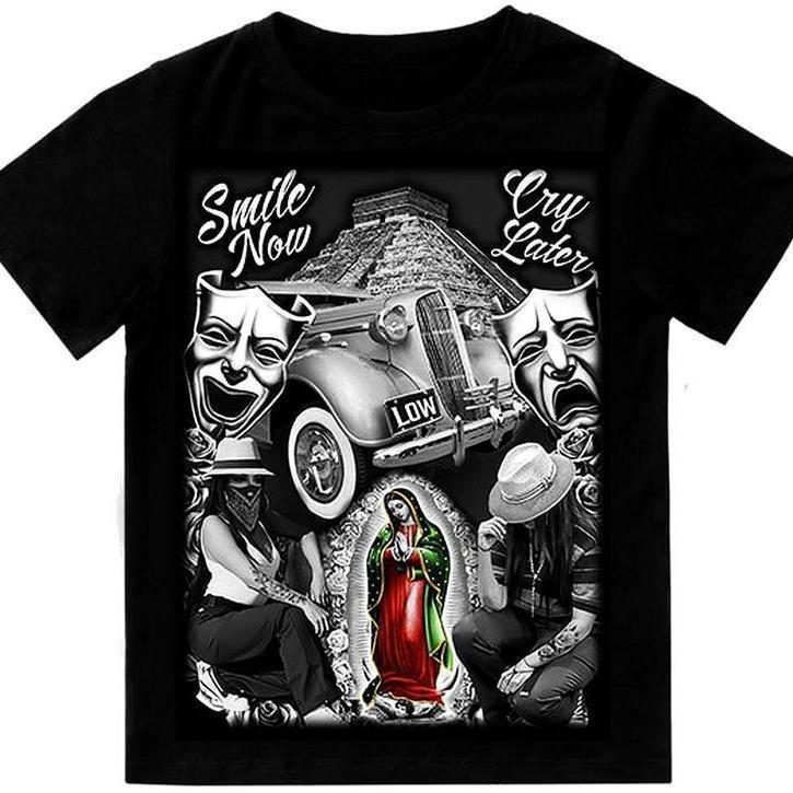 Smile Now Cry Later Aztec Mens T-Shirt Print On Shaka Wears Heavyweight Tee, Chicano Clothing Cholo Clothing Chicana Shirt - Gildan Heavy Cotton 5000 T-Shirts Menswear Top Polyester