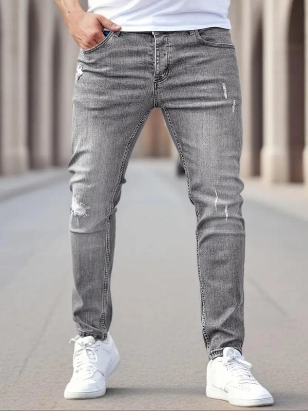 Men's Ripped Washed Skinny Jeans, Casual Comfy Regular Fit Pocket Zipper Fly Denim Pants for Daily Wear, Fashion Men's Bottoms for All Seasons